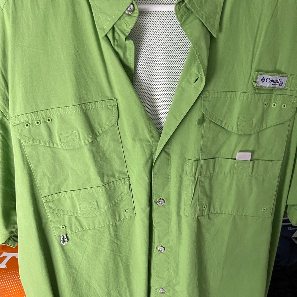 Bright green Columbia fishing shirt